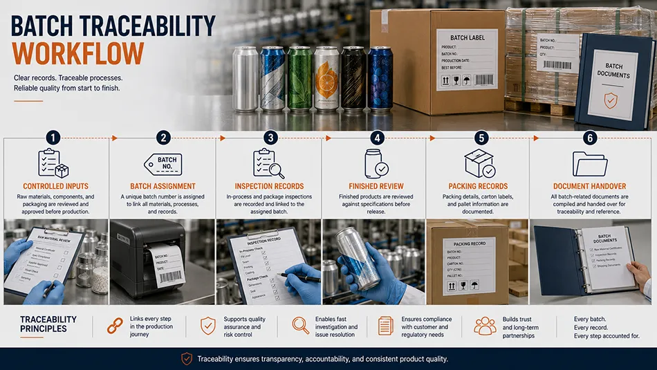 Beverage batch traceability workflow linking controlled inputs production inspection packing and documents