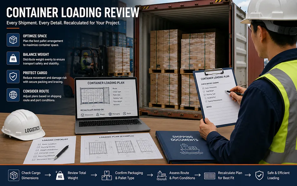 Export container loading review based on confirmed case pallet dimensions weight and destination requirements
