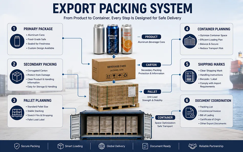 Beverage export packing system covering primary packaging cartons pallets marks and shipment documents