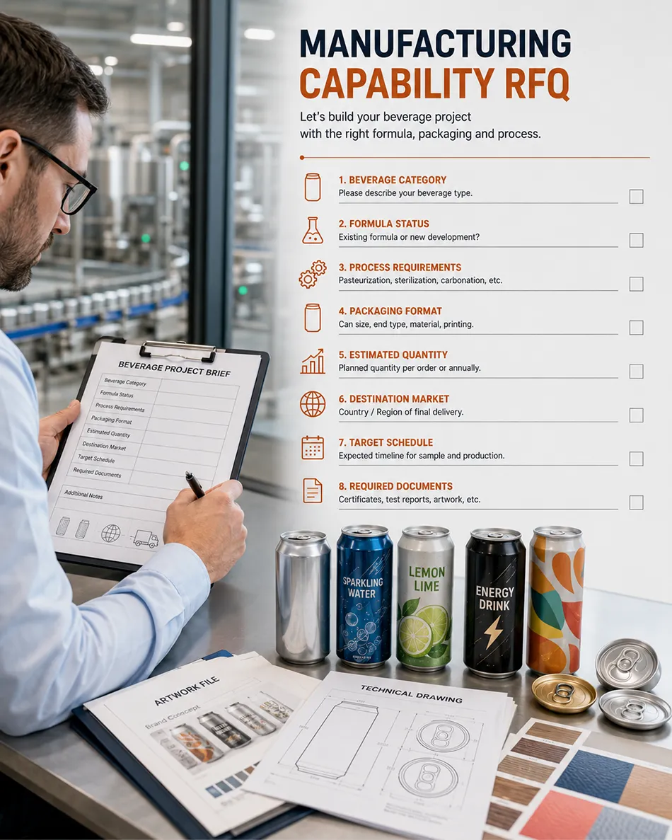 Beverage manufacturing project brief with formula packaging quantity destination and schedule details