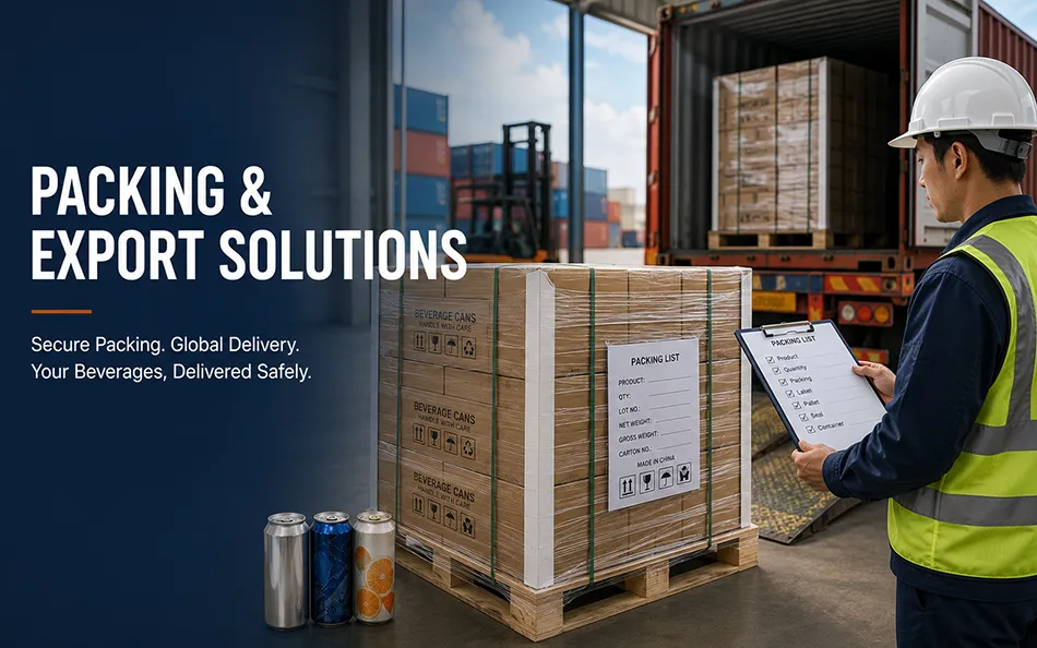 Palletized canned beverages prepared for export container loading