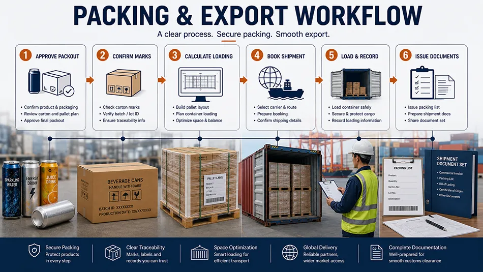Beverage packing and export workflow from packout approval to container loading and shipment documents