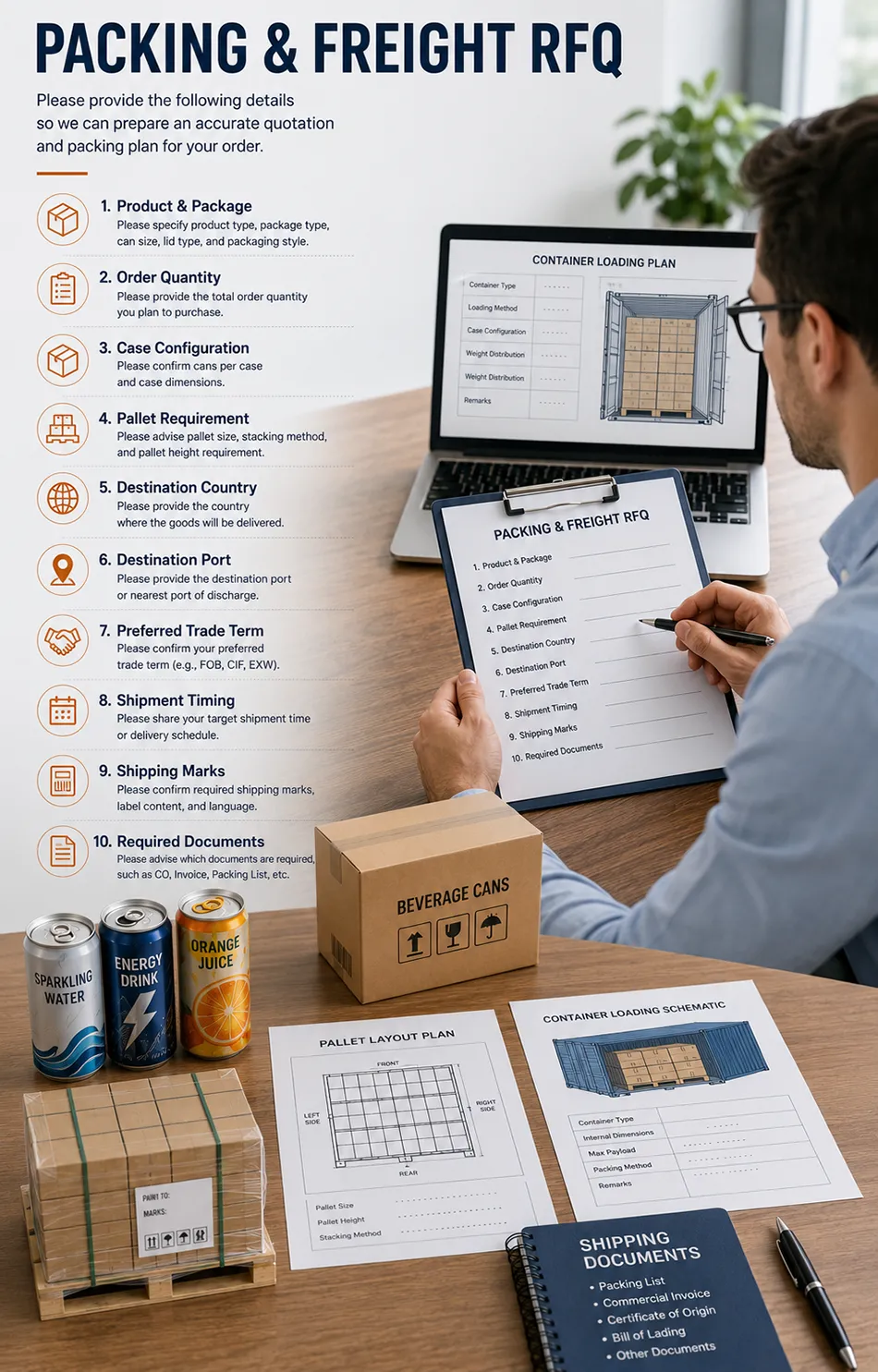Beverage packing and freight inquiry with package quantity pallet destination and document requirements