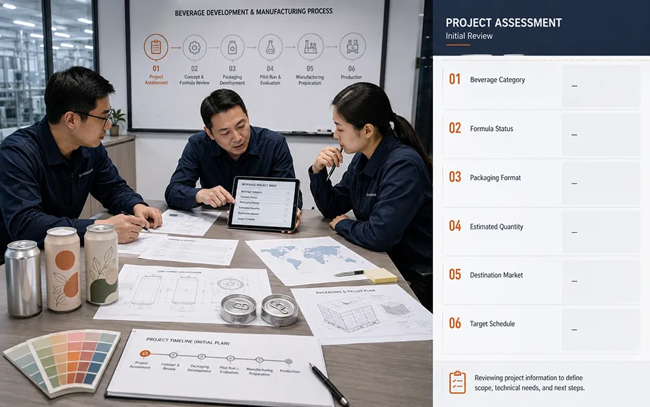 LaiZhi team reviewing a beverage project brief with formula packaging quantity market and schedule information