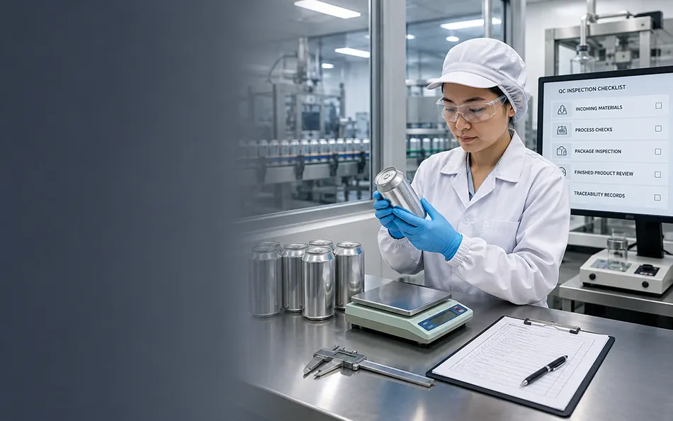 Quality personnel inspecting canned beverages and reviewing production records