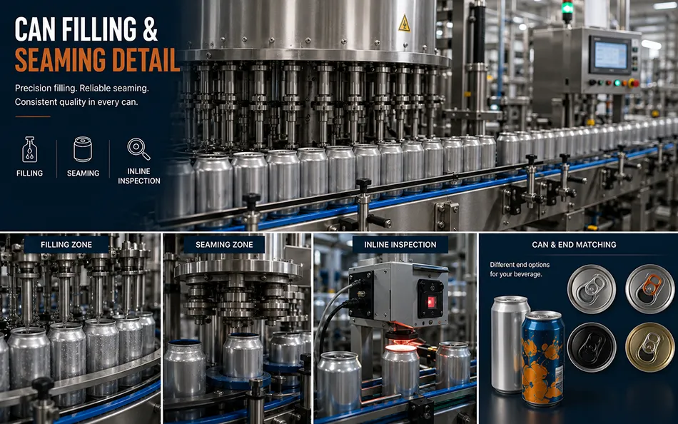 Aluminum beverage cans moving through filling seaming and inline inspection equipment