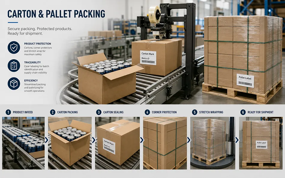 Canned beverages packed in cartons palletized protected and labeled for export handling