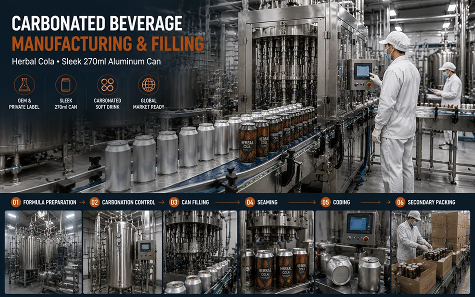 Carbonated beverage preparation filling seaming coding and packing route under project review