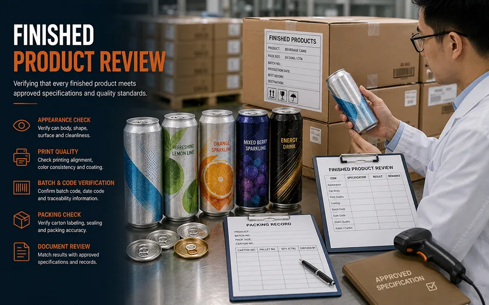 Finished canned beverage review covering appearance coding packing and batch identification