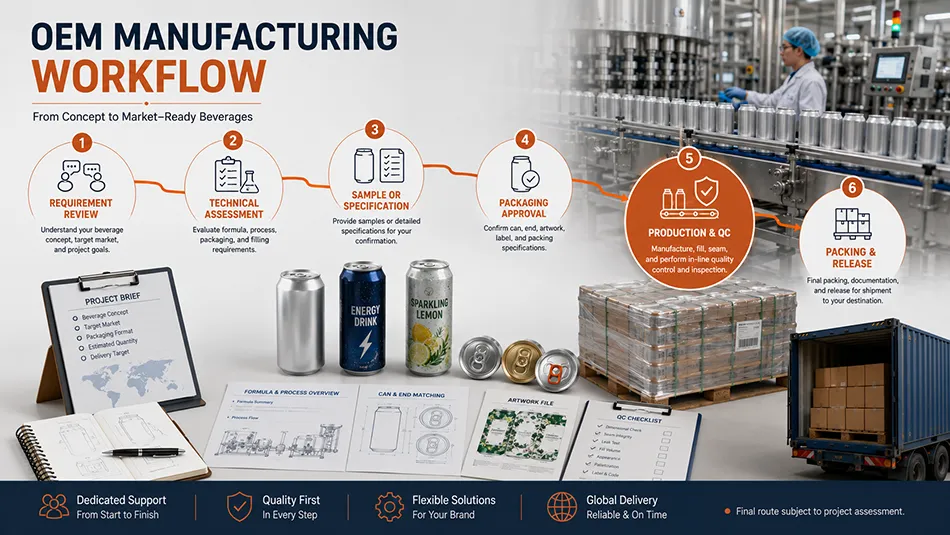 OEM beverage manufacturing workflow from requirement review to quality control and packing