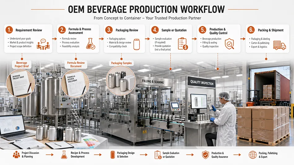 LaiZhi OEM beverage production workflow from project review and formula approval to filling quality control packing and shipment