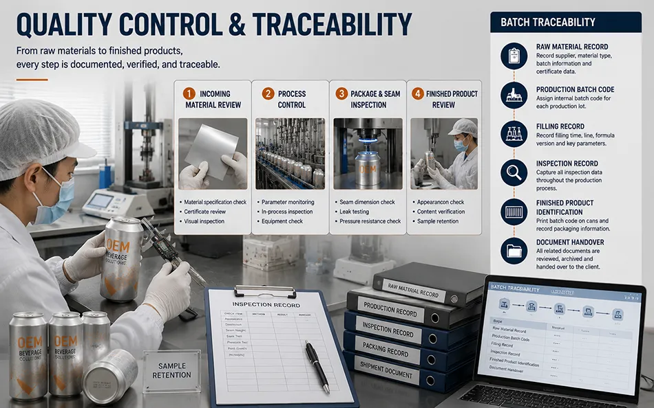 LaiZhi quality team reviewing beverage process can seam finished product batch records and traceability documents