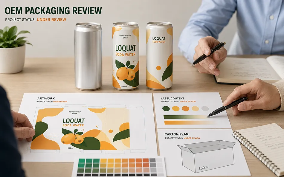 330ml Loquat Soda Water blank can concept artwork and carton draft under label review