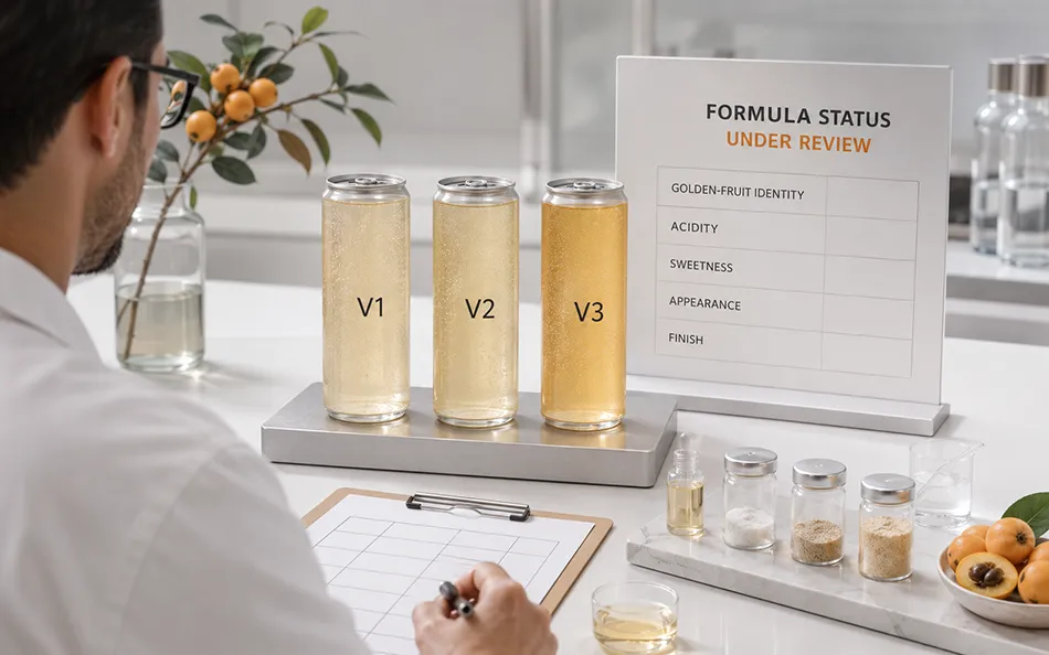 Loquat beverage sample versions and ingredient-form options under formula review