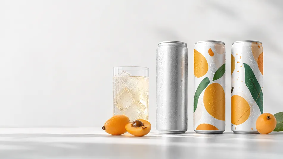 Unbranded 330ml Loquat Soda Water concept cans with a silver blank can for OEM project review