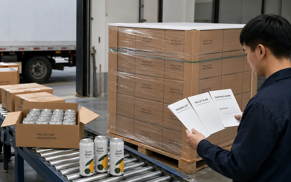 330ml Loquat Soda Water cartons pallet plan and shipping marks under export review
