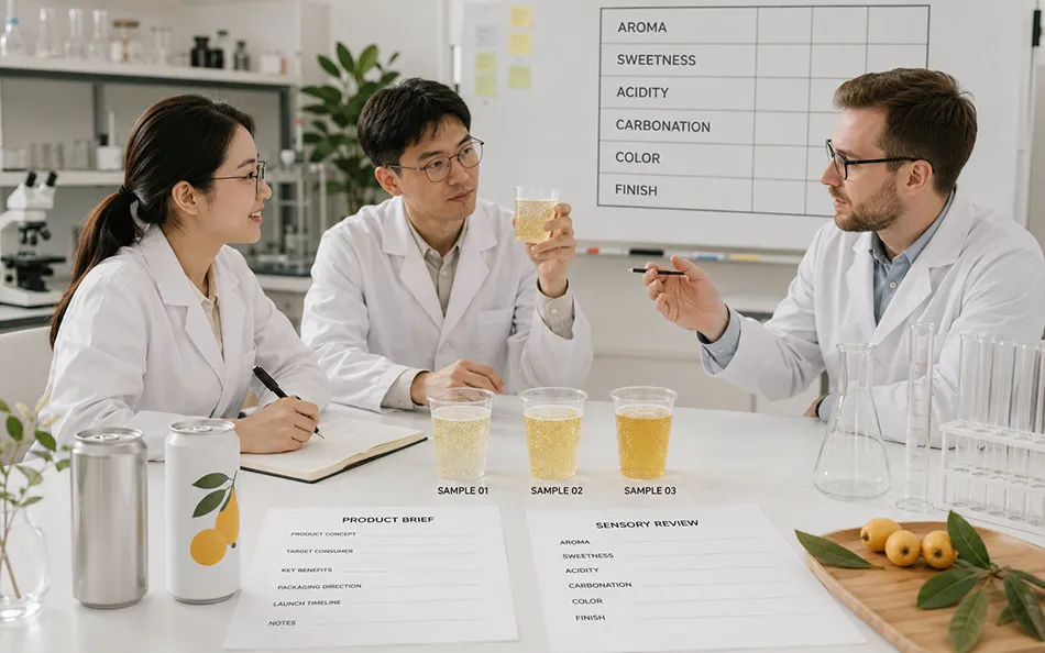 Numbered Loquat beverage samples under aroma sweetness acidity and carbonation review