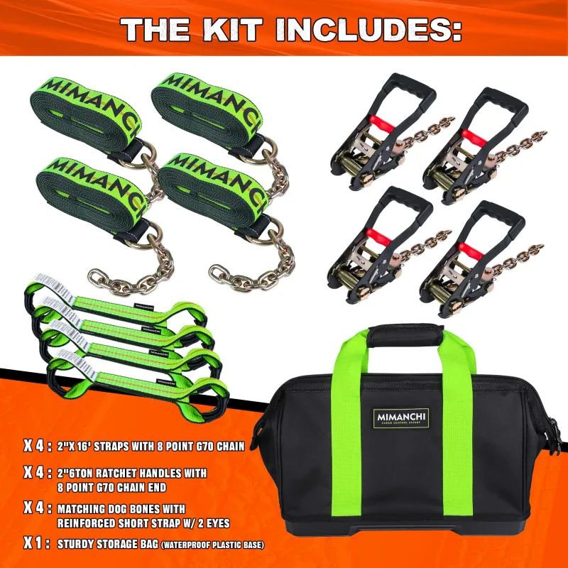 Mimanchi 8 Point Roll Back Vehicle Tie Down Kit ,with Heavy-Duty Chain Extension on Both Ends,2" x 6',and Ratchet Handle - Tow Strap Kit for Vehicles and Cars Tie Down Straps Tow System