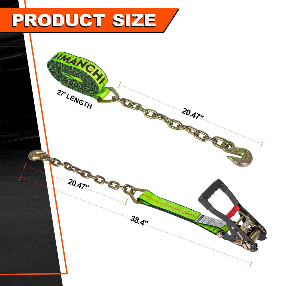 Mimanchi  2" x 27' Ratchet Straps with Chain Extension and Grab Hooks,Heavy-Duty Tie Down Straps 3,333 lbs Working Load Limit and 10,000 lbs Break Strength for Cargo Straps for Secure Transport  2Pack
