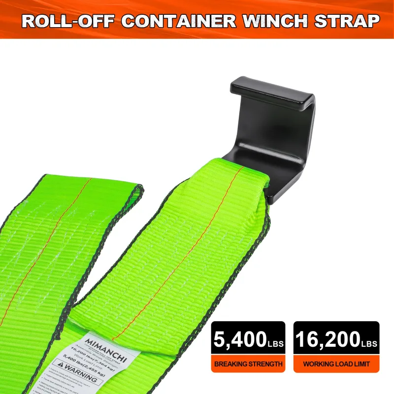 Mimanchi 4" x 5' Roll Off Container Winch Strap w/Flat Hook,Heavy Duty Tie Down Winch Straps for Safe Truck and Trailers Cargo Securement,Green