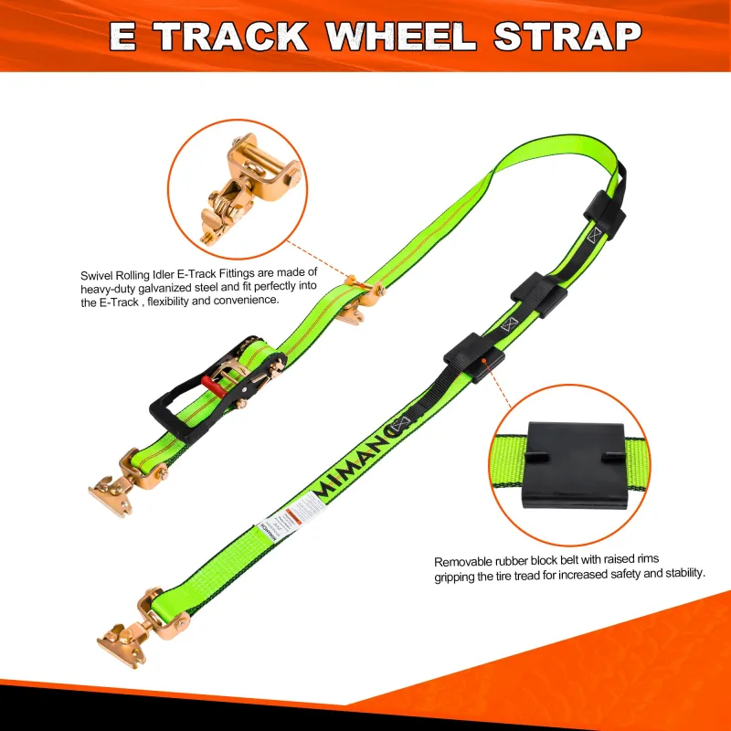 MIMANCHI 2" x 10' E Track Tire Straps,4Pack,Wheel Straps with E-Track Idler Swivel Anchors Vehicle Hauler,Car Tie Down Straps for Trailers with 3 Rubber Blocks for Towing Car, ATV,UTV