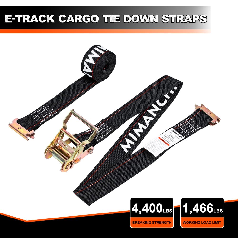 Mimanchi E-Track Ratchet Straps,8Pack,2" x 15' Heavy Duty Black E-Track Trailer Tie Down Tire Straps 4400lbs Breaking Load ,Logistics ratchet E track belt for freight vehicles