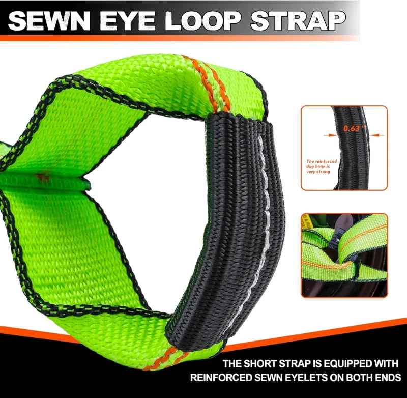 Mimanchi 2"x16"Sewn Eye Loop Short Strap Replacement, 4Pack, Dog Bone with Reinforced Tow Truck Straps w/ 2 Eyes, for use with 8 Point Rollback Vehicle Tie Down Kit