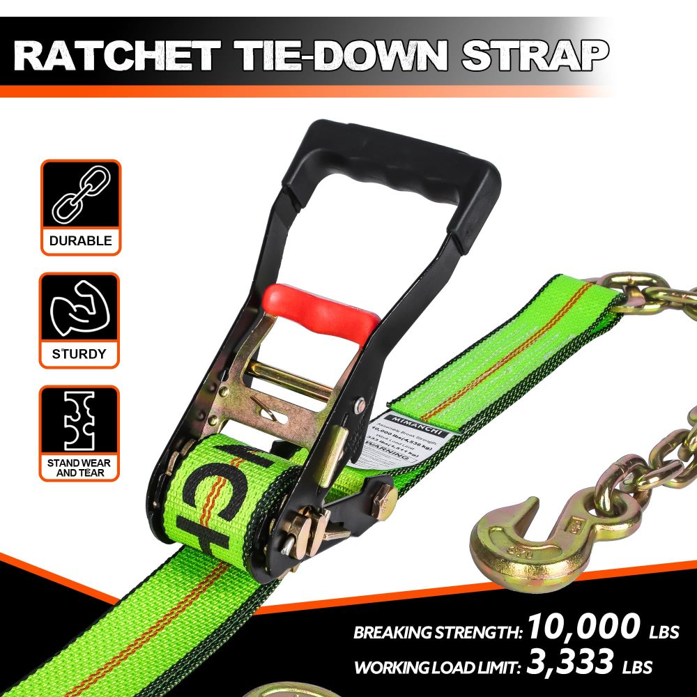 Mimanchi  2" x 27' Ratchet Straps with Chain Extension and Grab Hooks,Heavy-Duty Tie Down Straps 3,333 lbs Working Load Limit and 10,000 lbs Break Strength for Cargo Straps for Secure Transport  2Pack