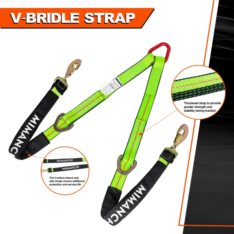 Mimanchi Axle V-Bridle Strap 2" x 4',Heavy Duty Recovery Tow Strap w/Snap Hooks,Cordura Sleeve,D Ring Middle,for Car Hauler,Rollback,and Flat Bed,Tow Truck