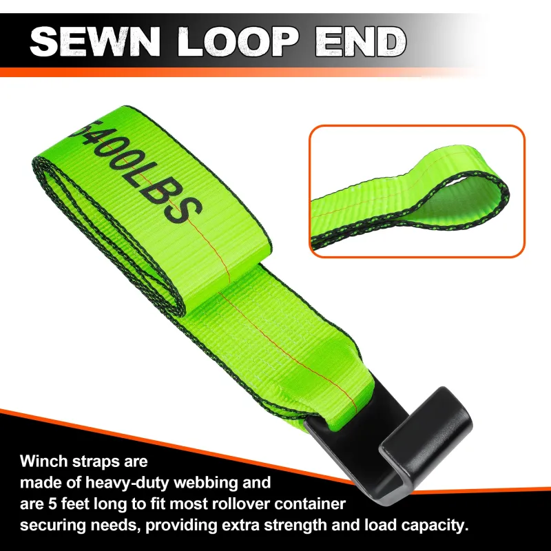 Mimanchi 4" x 5' Roll Off Container Winch Strap w/Flat Hook,Heavy Duty Tie Down Winch Straps for Safe Truck and Trailers Cargo Securement,Green