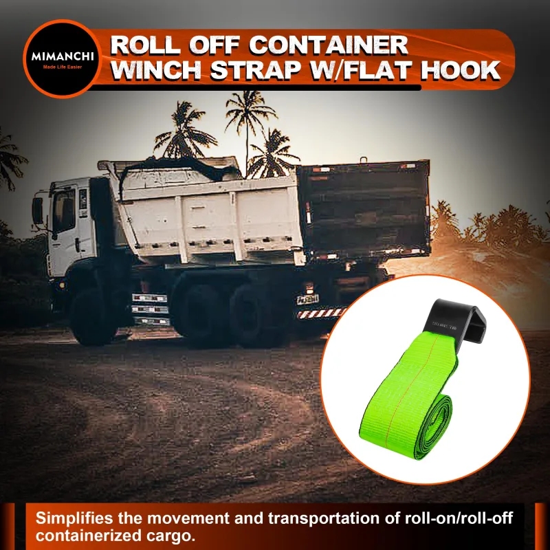 Mimanchi 4" x 5' Roll Off Container Winch Strap w/Flat Hook,Heavy Duty Tie Down Winch Straps for Safe Truck and Trailers Cargo Securement,Green