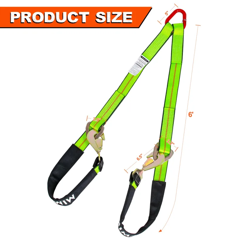 Mimanchi Axle V-Bridle Strap 2" x 6',2 Pack, Heavy Duty Recovery Tow Strap w/Snap Hooks,Cordura Sleeve,D Ring Middle,for Car Hauler,Rollback,and Flat Bed,Tow Truck