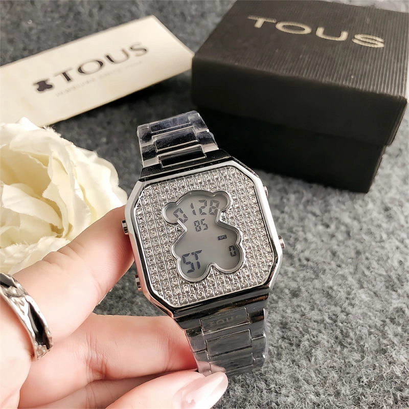 New Fashion Women Men Silver Gold Rose Steel Round Zircon TOUS Bear Electronic Watch Jewelry Gift