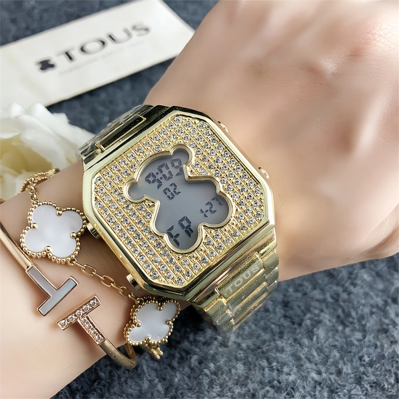 New Fashion Women Men Silver Gold Rose Steel Round Zircon TOUS Bear Electronic Watch Jewelry Gift