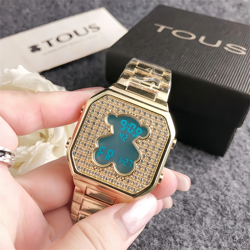 New Fashion Women Men Silver Gold Rose Steel Round Zircon TOUS Bear Electronic Watch Jewelry Gift