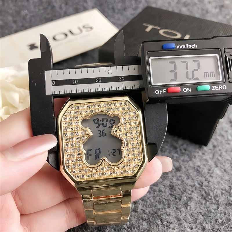 New Fashion Women Men Silver Gold Rose Steel Round Zircon TOUS Bear Electronic Watch Jewelry Gift