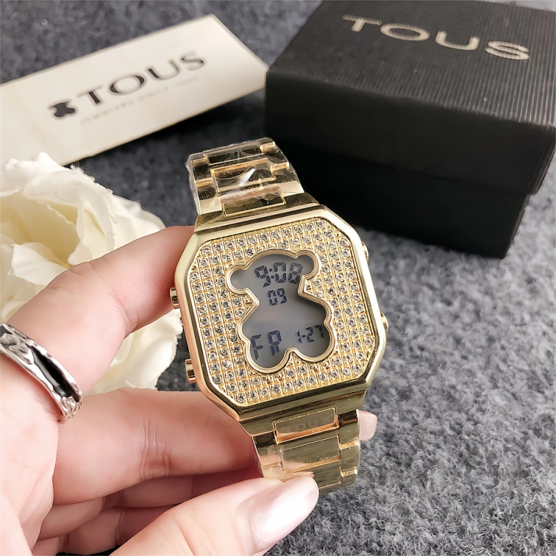 New Fashion Women Men Silver Gold Rose Steel Round Zircon TOUS Bear Electronic Watch Jewelry Gift