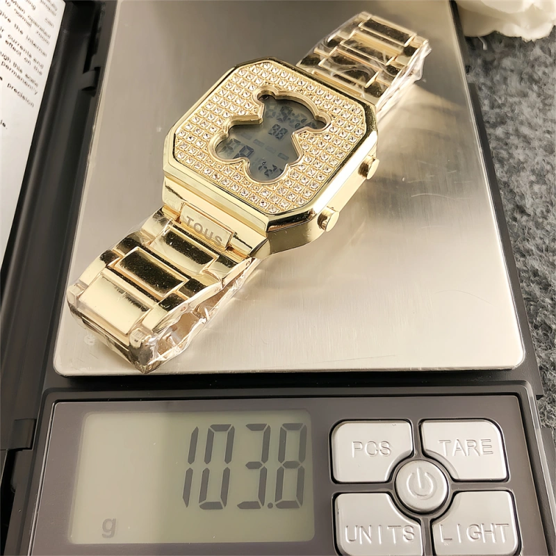 New Fashion Women Men Silver Gold Rose Steel Round Zircon TOUS Bear Electronic Watch Jewelry Gift
