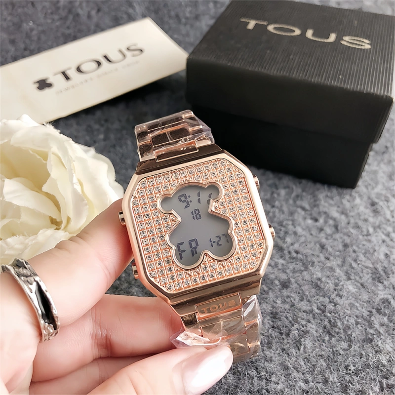 New Fashion Women Men Silver Gold Rose Steel Round Zircon TOUS Bear Electronic Watch Jewelry Gift
