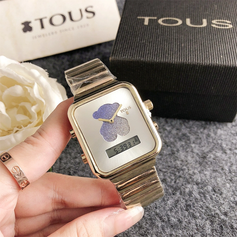 Hot Sale Fashion Women Men Silver Rose Gold  Steel Zircon Square TOUS Bear Black Watch Jewelry Gift