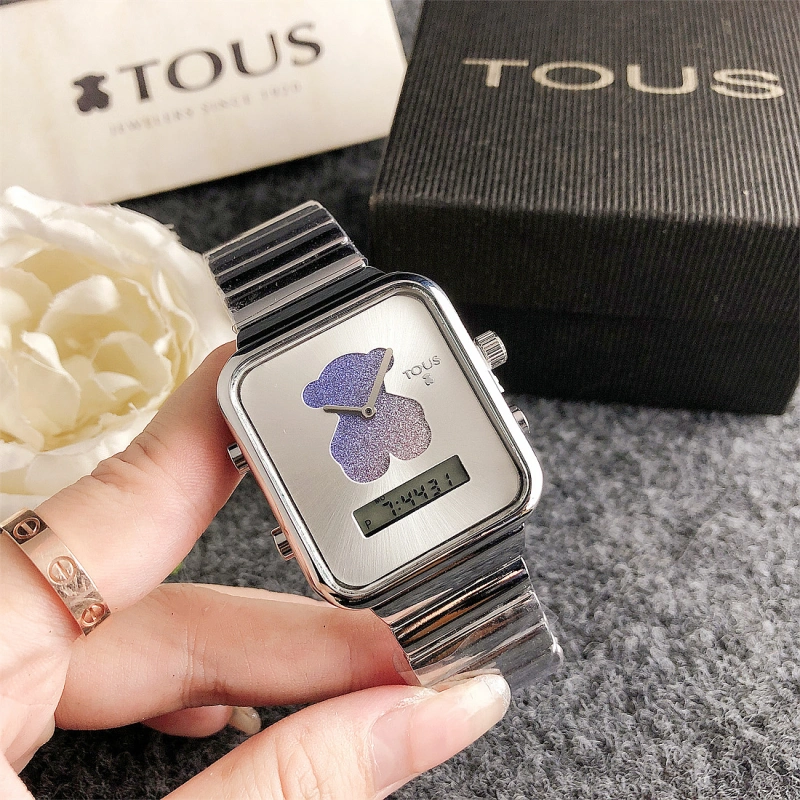 Hot Sale Fashion Women Men Silver Rose Gold  Steel Zircon Square TOUS Bear Black Watch Jewelry Gift