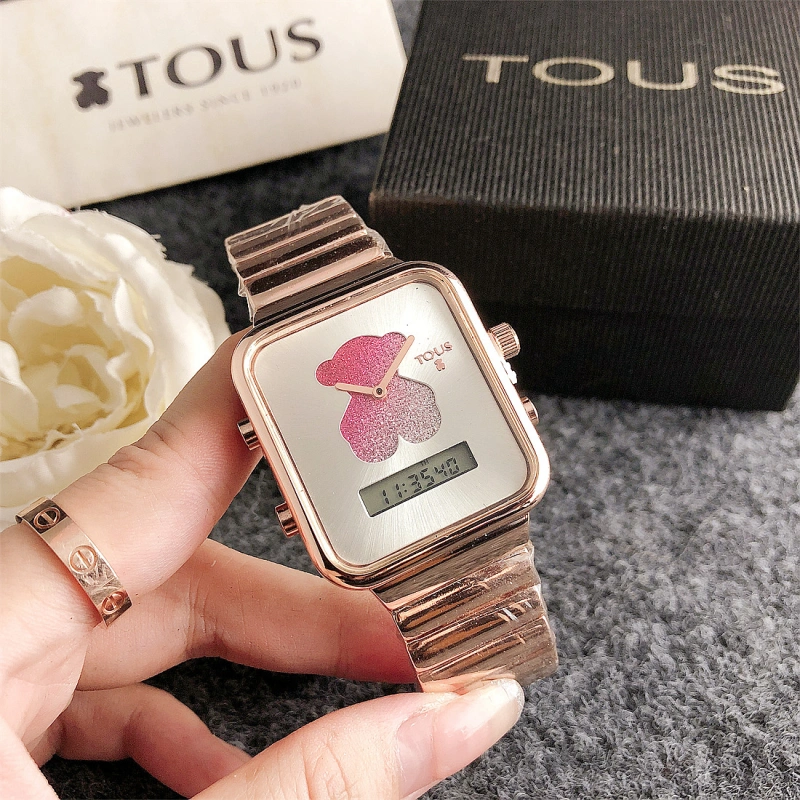 Hot Sale Fashion Women Men Silver Rose Gold  Steel Zircon Square TOUS Bear Black Watch Jewelry Gift