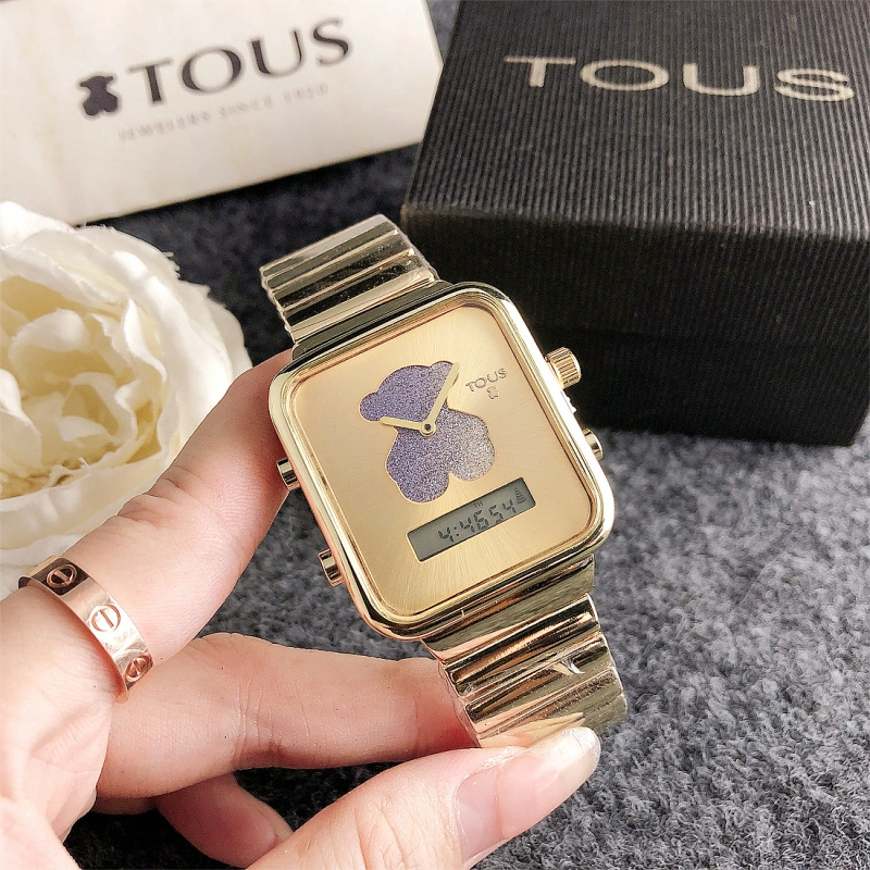 Hot Sale Fashion Women Men Silver Rose Gold  Steel Zircon Square TOUS Bear Black Watch Jewelry Gift
