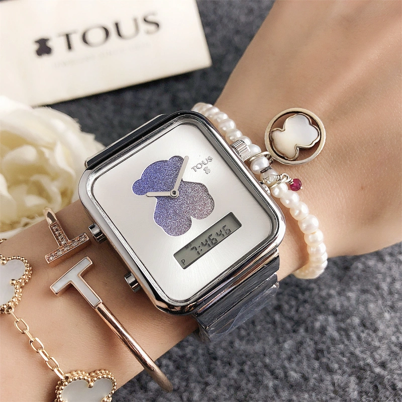 Hot Sale Fashion Women Men Silver Rose Gold  Steel Zircon Square TOUS Bear Black Watch Jewelry Gift