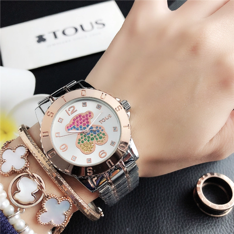 Hot Sale Fashion Women Men Silver Rose Gold Steel Color Zircon Letter TOUS Bear Electronic Quartz  Watch Jewelry A Gift