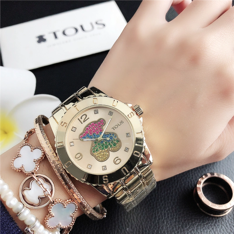 Hot Sale Fashion Women Men Silver Rose Gold Steel Color Zircon Letter TOUS Bear Electronic Quartz  Watch Jewelry A Gift