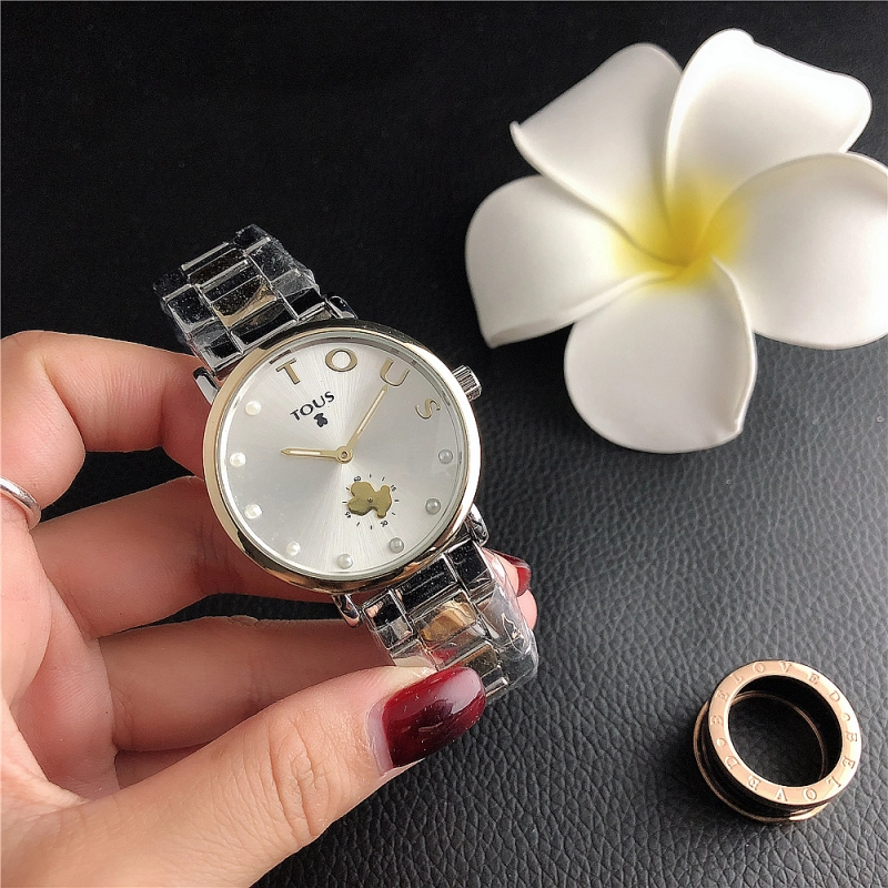 Hot Sale Fashion Women Men Silver Gold Black Steel  White Pearl Electronic Letter Round TOUS Bear Span Quartz Watch Jewelry Gift