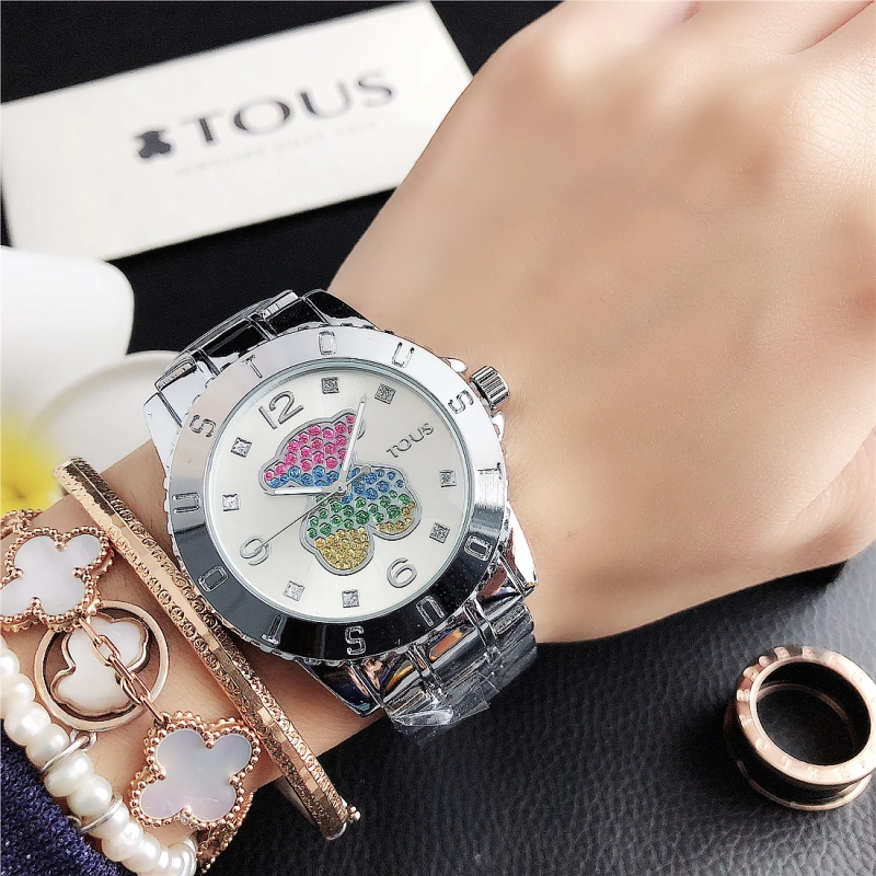 Hot Sale Fashion Women Men Silver Rose Gold Steel Color Zircon Letter TOUS Bear Electronic Quartz  Watch Jewelry A Gift