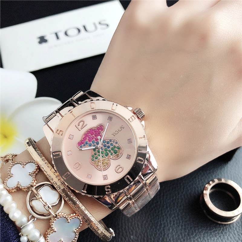 Hot Sale Fashion Women Men Silver Rose Gold Steel Color Zircon Letter TOUS Bear Electronic Quartz  Watch Jewelry A Gift