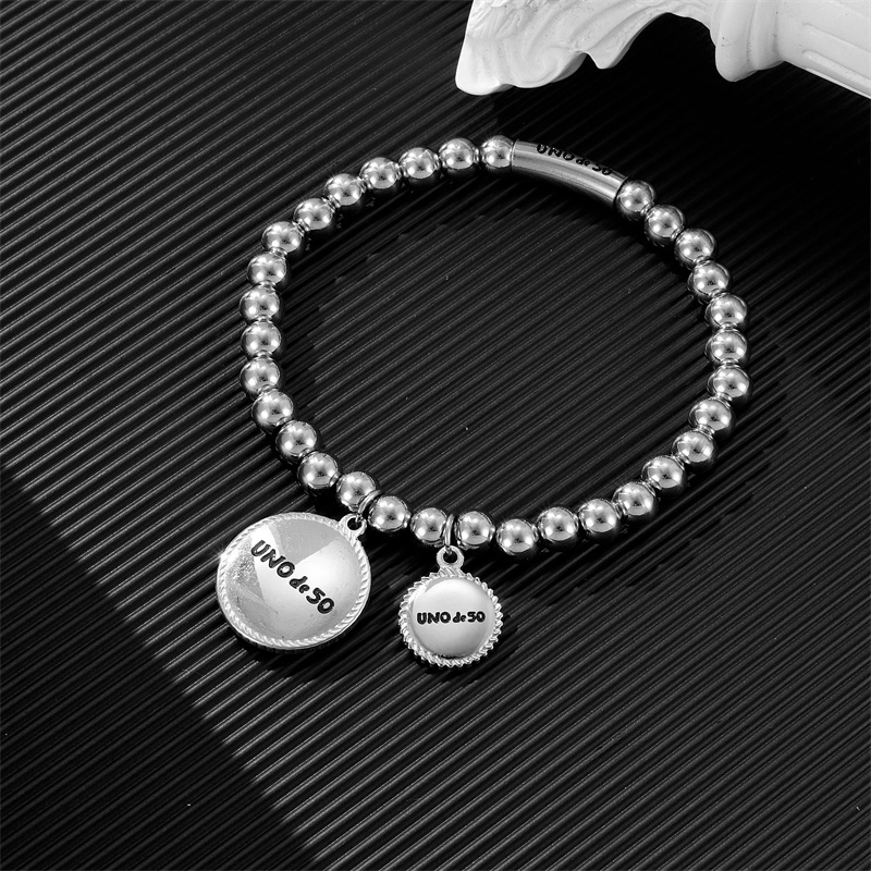 Fashion Women Silver Golden Steel Circle Lock Key Black Oil Letter Love Heart UNO de50 6mm Bead Bracelet Jewelry